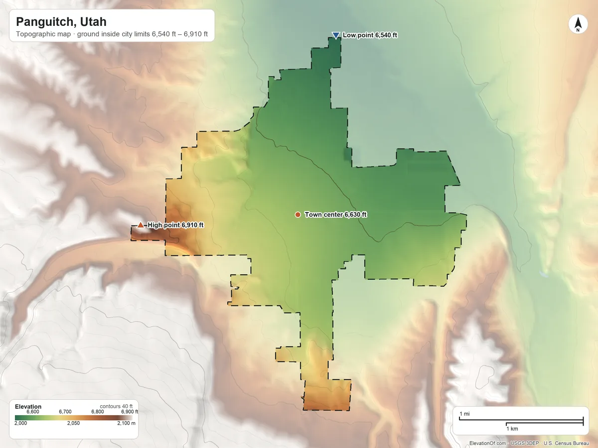 Topographic elevation map of Panguitch, Utah, shaded from 6,540 ft on the north side to 6,910 ft on the west edge, below higher ground just outside