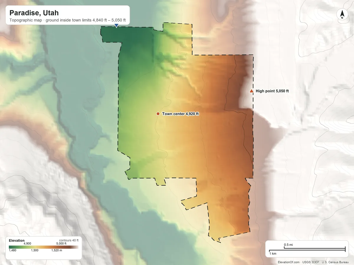 Topographic elevation map of Paradise, Utah, shaded from 4,840 ft on the northwest side to 5,050 ft at the foot of the Mahogany Range