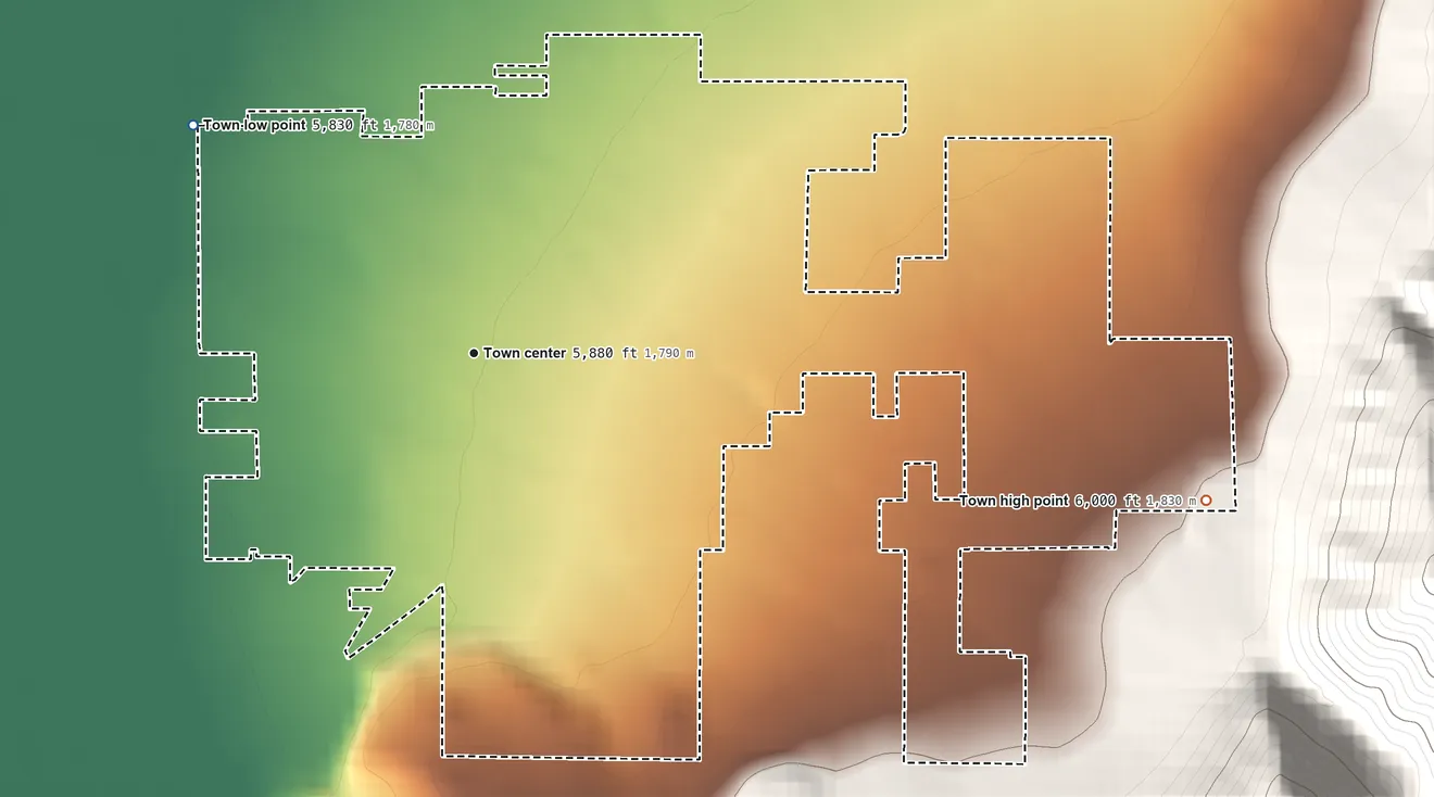 Topographic elevation map of Paragonah, Utah, shaded from 5,830 ft on the northwest side to 6,000 ft at the foot of the Red Hills