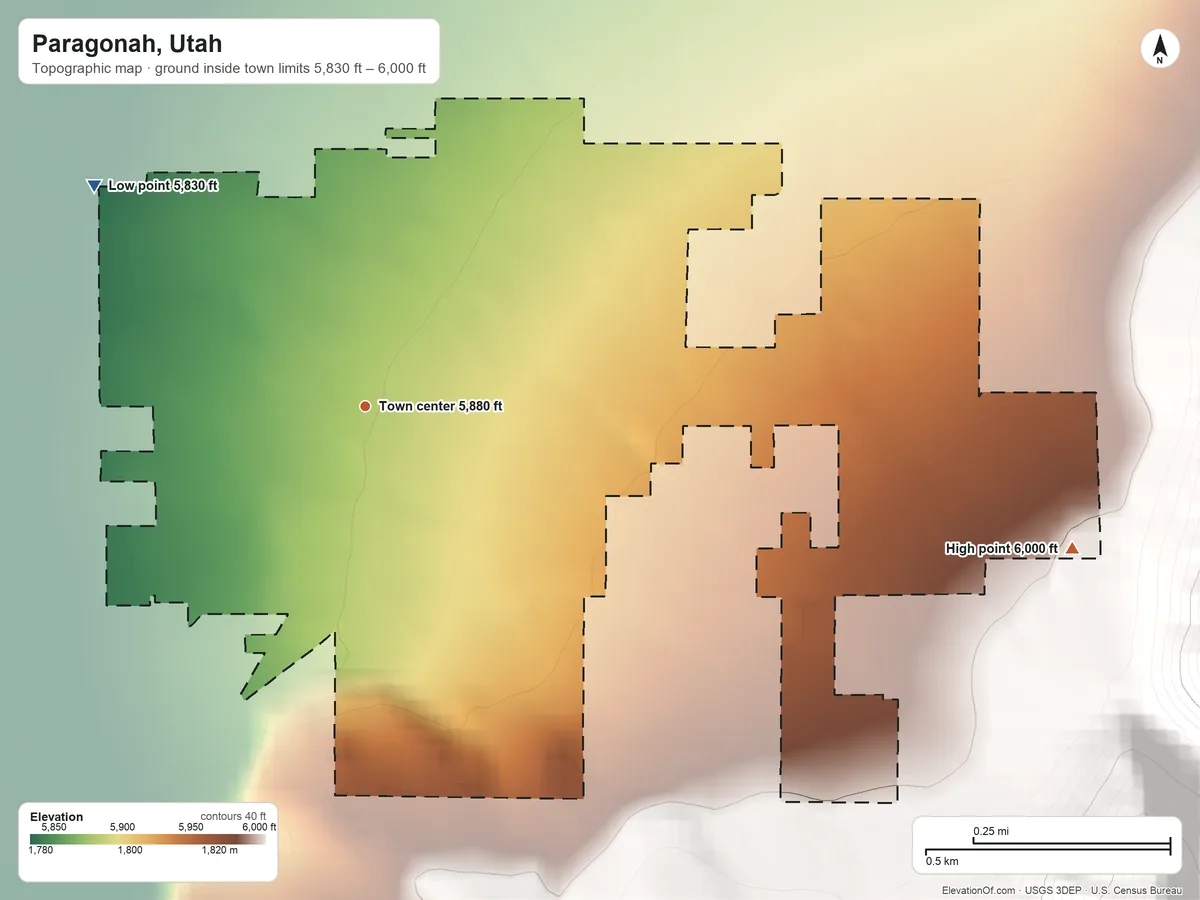 Topographic elevation map of Paragonah, Utah, shaded from 5,830 ft on the northwest side to 6,000 ft at the foot of the Red Hills