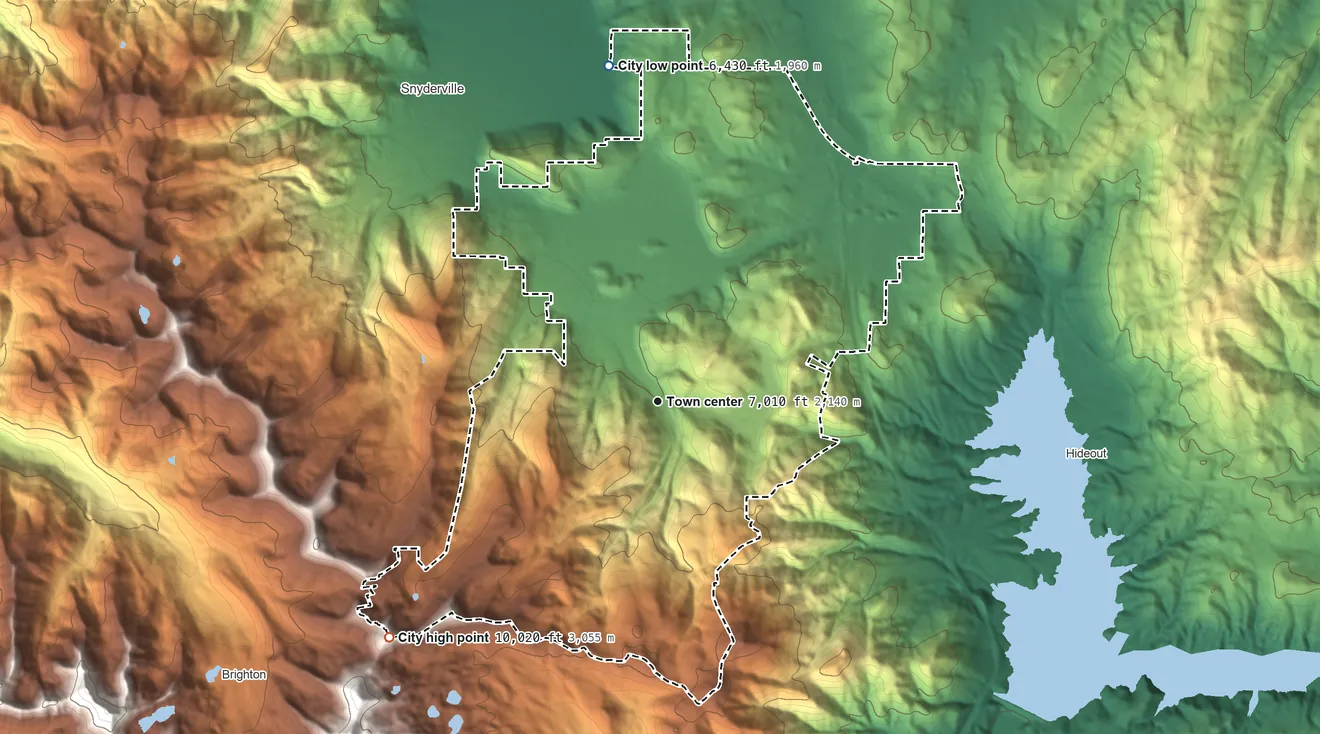 Topographic elevation map of Park City, Utah, shaded from 6,430 ft on the north side to 10,020 ft at the foot of the The West Hills