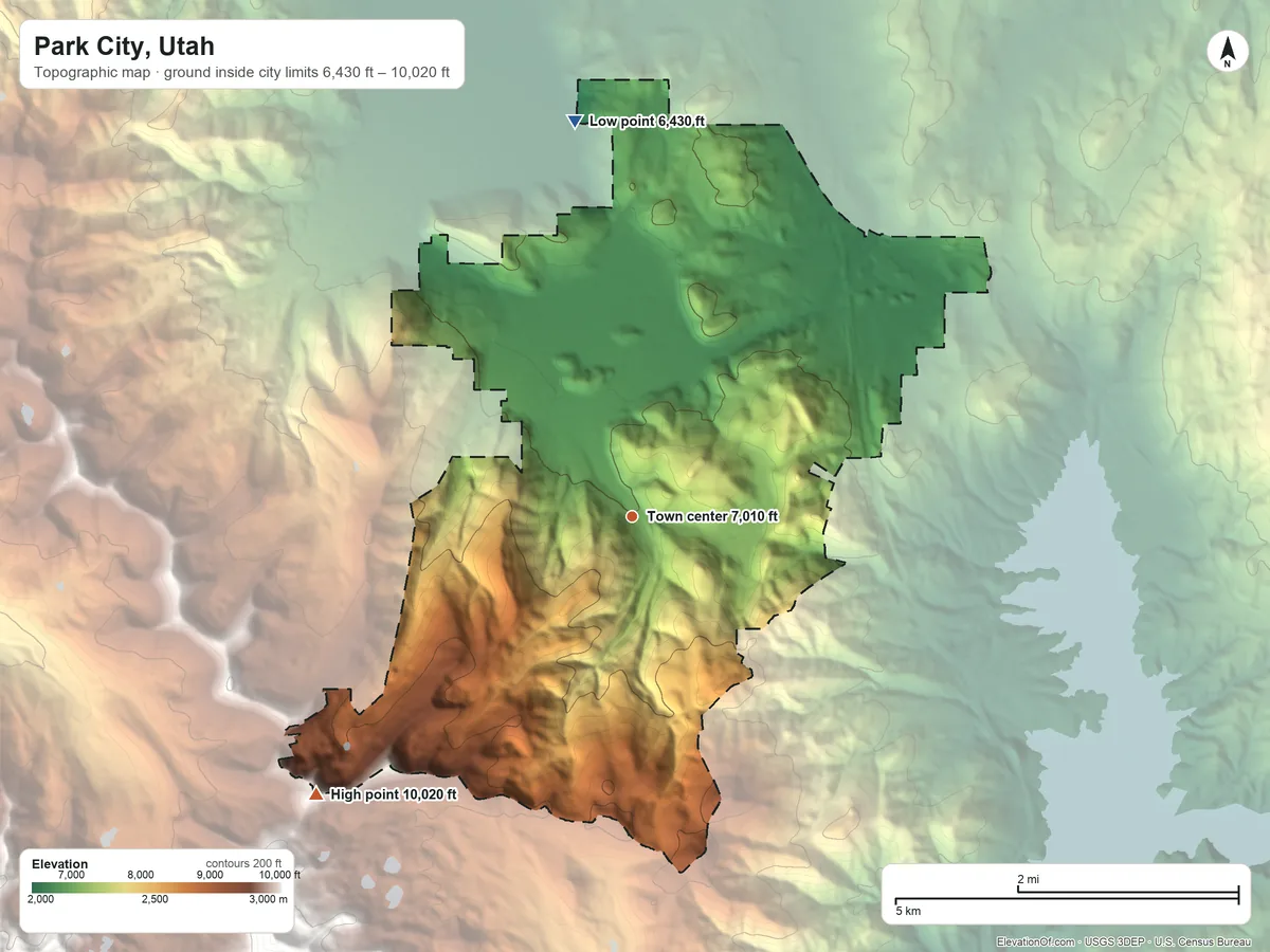 Topographic elevation map of Park City, Utah, shaded from 6,430 ft on the north side to 10,020 ft at the foot of the The West Hills
