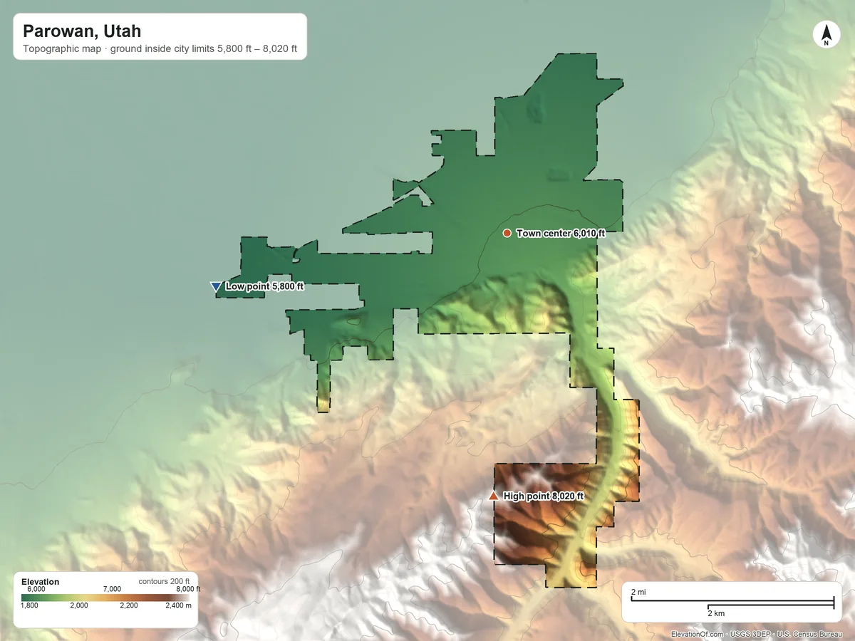 Topographic elevation map of Parowan, Utah, shaded from 5,800 ft on the west side to 8,020 ft at the foot of the Red Hills