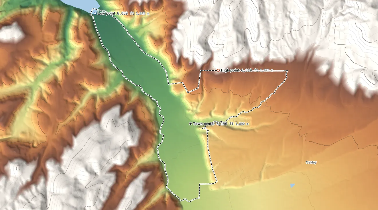 Topographic elevation map of Peoa, Utah, shaded from 6,050 ft on the northwest side to 6,810 ft at the foot of the The West Hills
