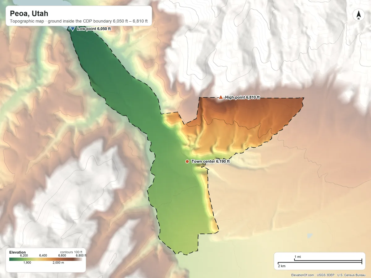 Topographic elevation map of Peoa, Utah, shaded from 6,050 ft on the northwest side to 6,810 ft at the foot of the The West Hills