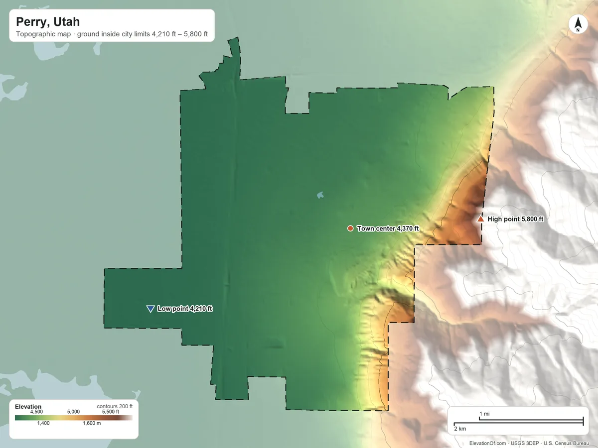 Topographic elevation map of Perry, Utah, shaded from 4,210 ft on the west side to 5,800 ft at the foot of the Wellsville Mountains