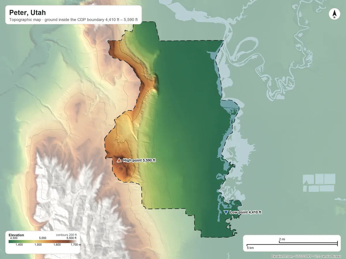 Topographic elevation map of Peter, Utah, shaded from 4,410 ft on the southeast side to 5,590 ft at the foot of the Wellsville Mountains