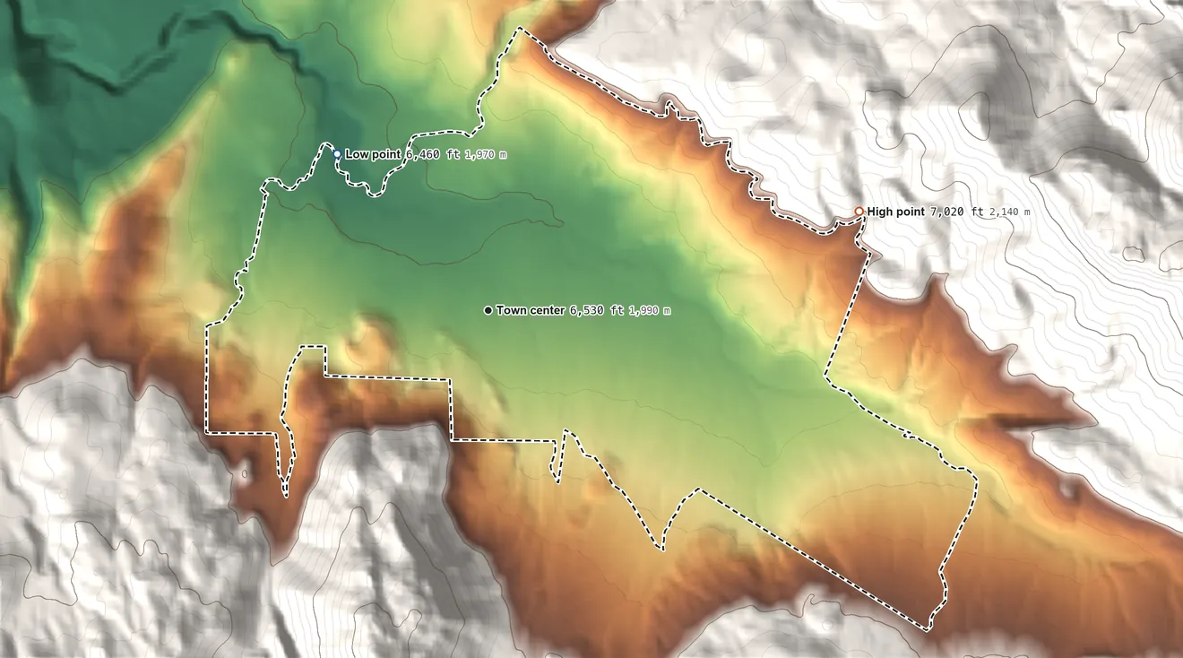 Topographic elevation map of Pine Valley, Utah, shaded from 6,460 ft on the northwest side to 7,020 ft at the foot of the Pine Valley Mountains