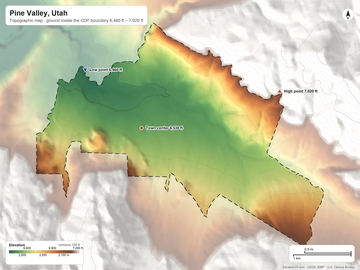 Topographic elevation map of Pine Valley, Utah, shaded from 6,460 ft on the northwest side to 7,020 ft at the foot of the Pine Valley Mountains