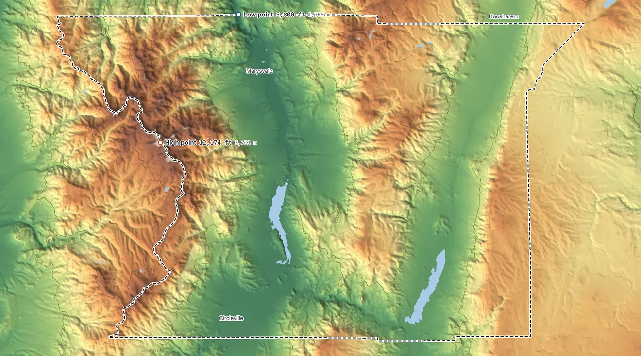 Topographic elevation map of Piute County, Utah, shaded from 5,800 ft on the northwest side to 12,174 ft on Delano Peak