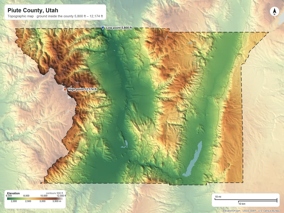 Topographic elevation map of Piute County, Utah, shaded from 5,800 ft on the northwest side to 12,174 ft on Delano Peak