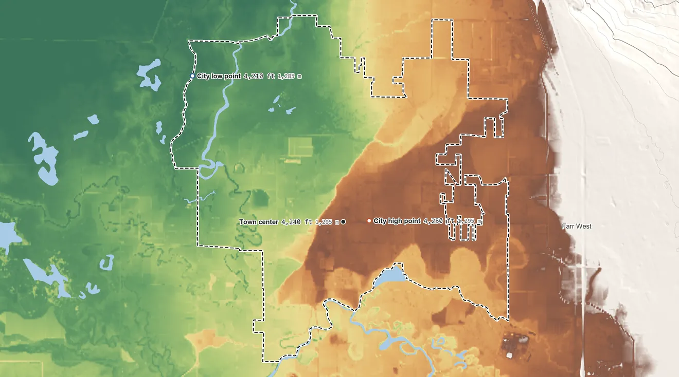Topographic elevation map of Plain City, Utah, shaded from 4,210 ft on the northwest side to 4,250 ft near the middle
