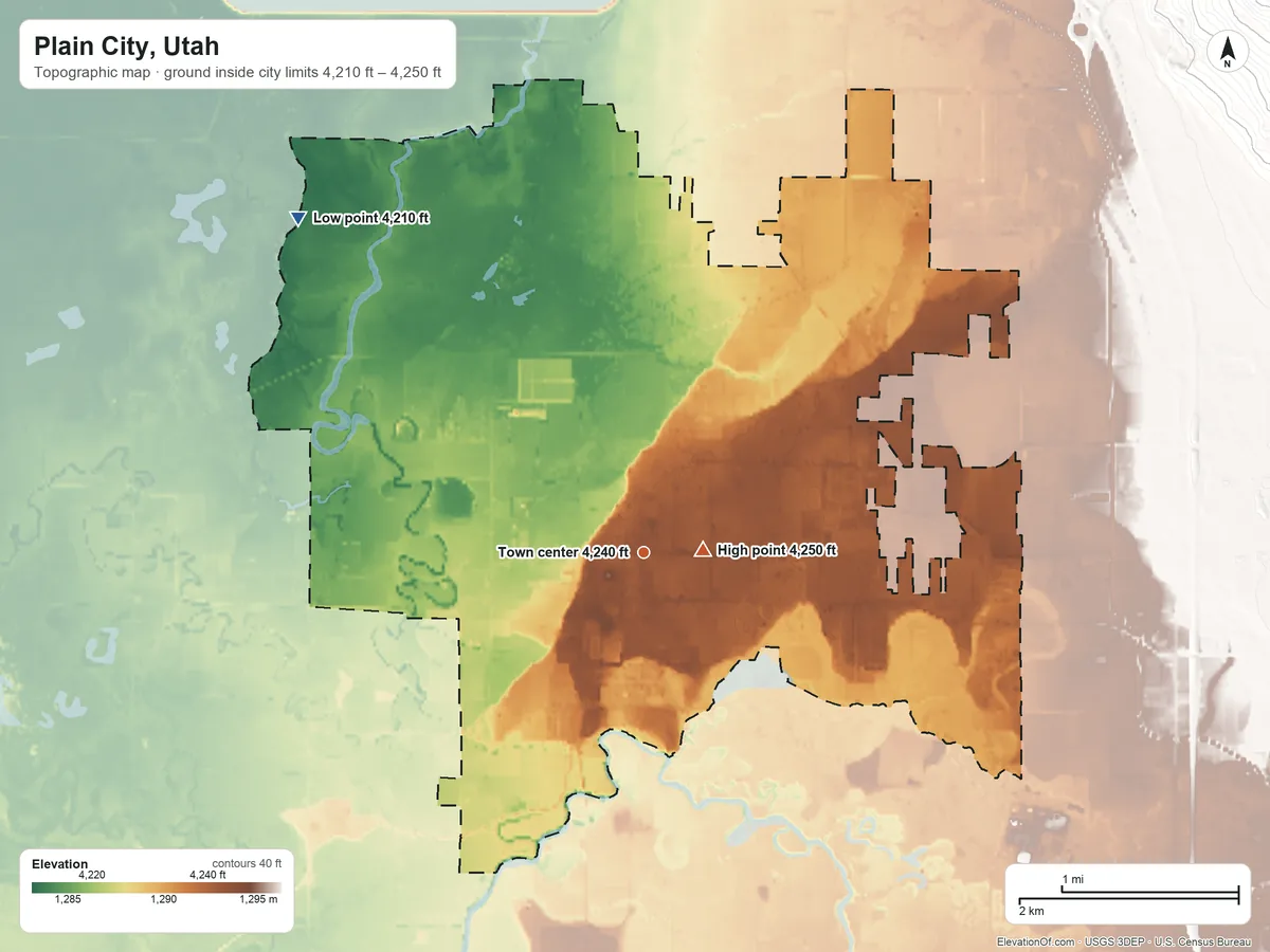 Topographic elevation map of Plain City, Utah, shaded from 4,210 ft on the northwest side to 4,250 ft near the middle