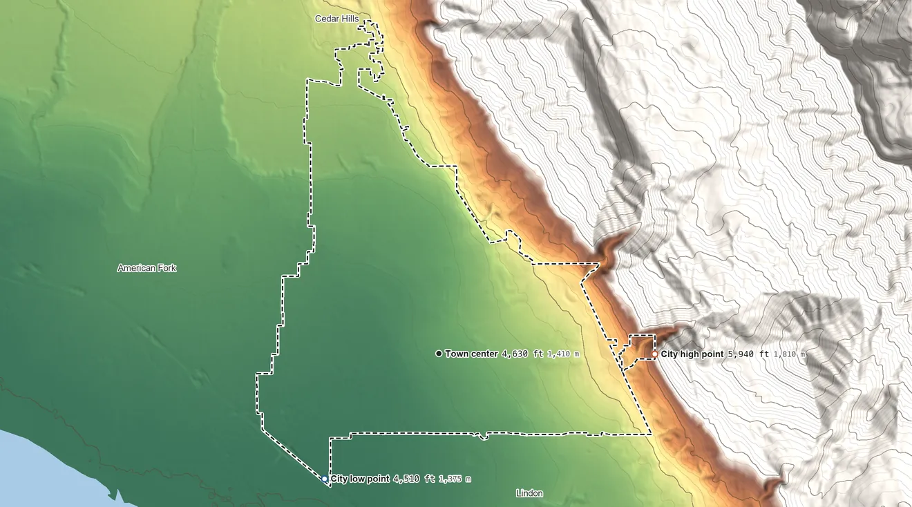 Topographic elevation map of Pleasant Grove, Utah, shaded from 4,510 ft on the southwest side to 5,940 ft at the foot of Lake Mountains