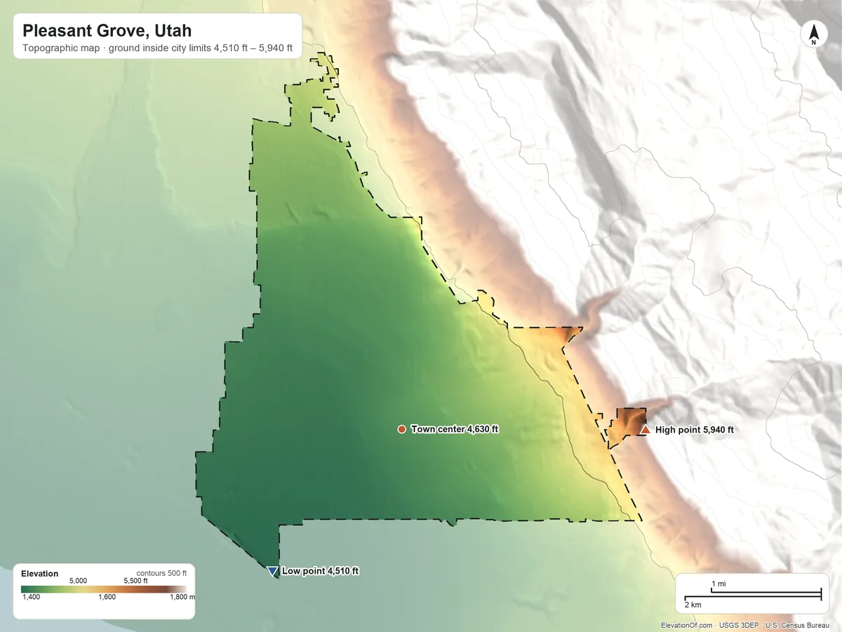 Topographic elevation map of Pleasant Grove, Utah, shaded from 4,510 ft on the southwest side to 5,940 ft at the foot of Lake Mountains