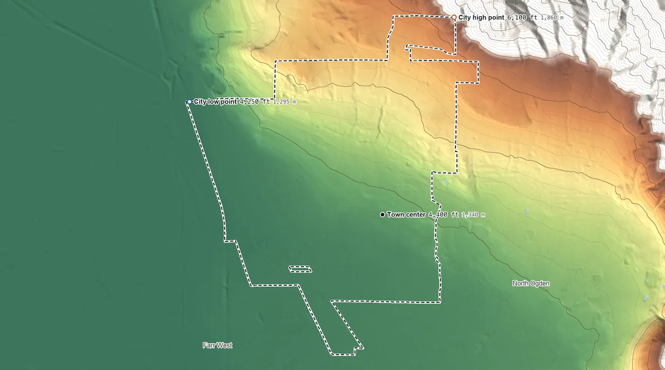 Topographic elevation map of Pleasant View, Utah, shaded from 4,250 ft on the northwest side to 6,100 ft on the north edge, below higher ground just outside