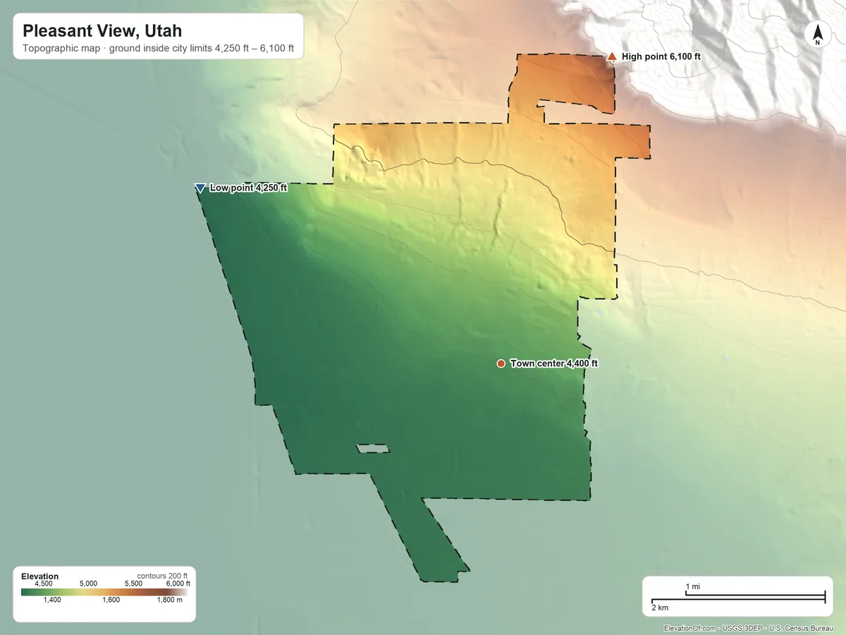 Topographic elevation map of Pleasant View, Utah, shaded from 4,250 ft on the northwest side to 6,100 ft on the north edge, below higher ground just outside