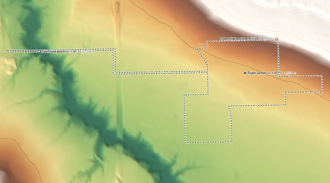 Topographic elevation map of Plymouth, Utah, shaded from 4,330 ft on the west side to 4,660 ft at the foot of the West Hills