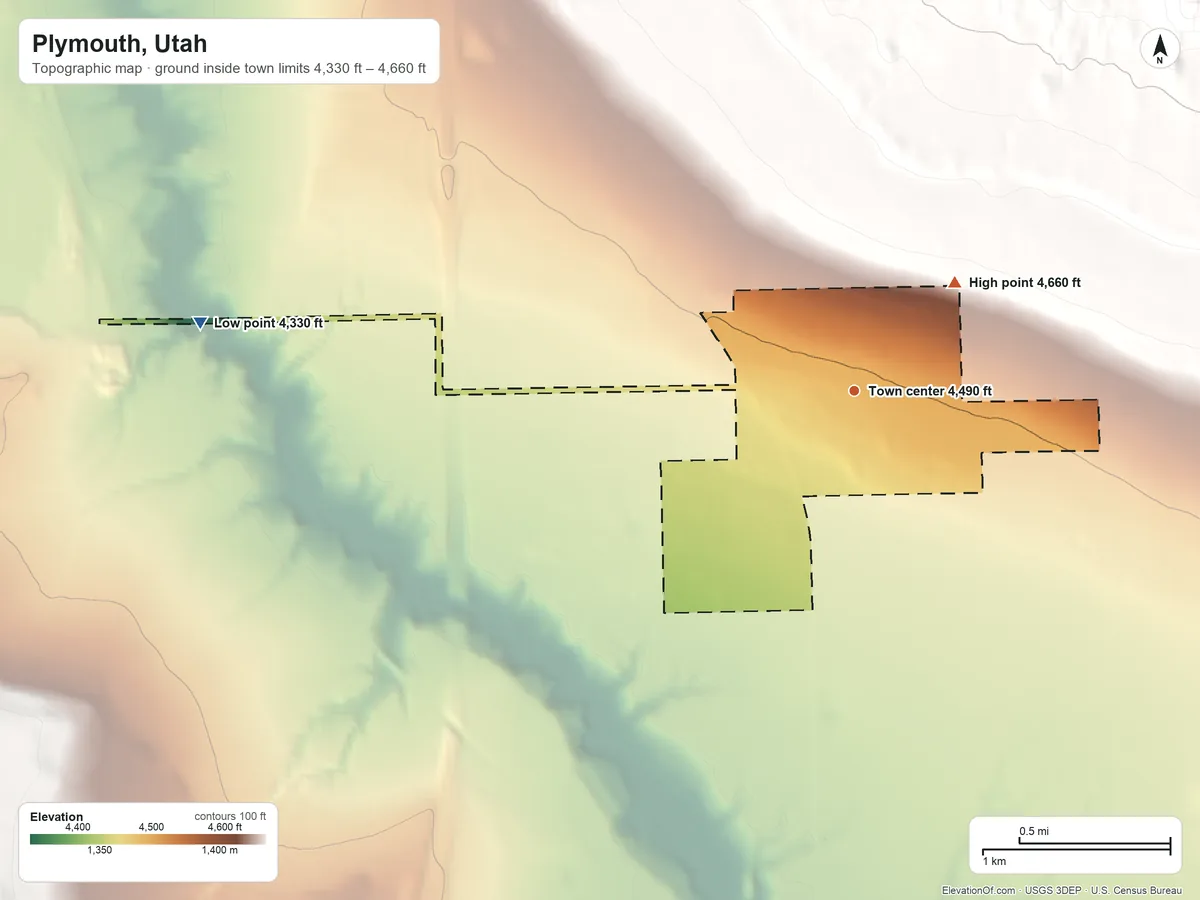 Topographic elevation map of Plymouth, Utah, shaded from 4,330 ft on the west side to 4,660 ft at the foot of the West Hills
