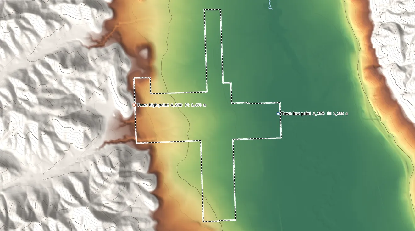 Topographic elevation map of Portage, Utah, shaded from 4,370 ft on the east side to 4,830 ft at the foot of the West Hills