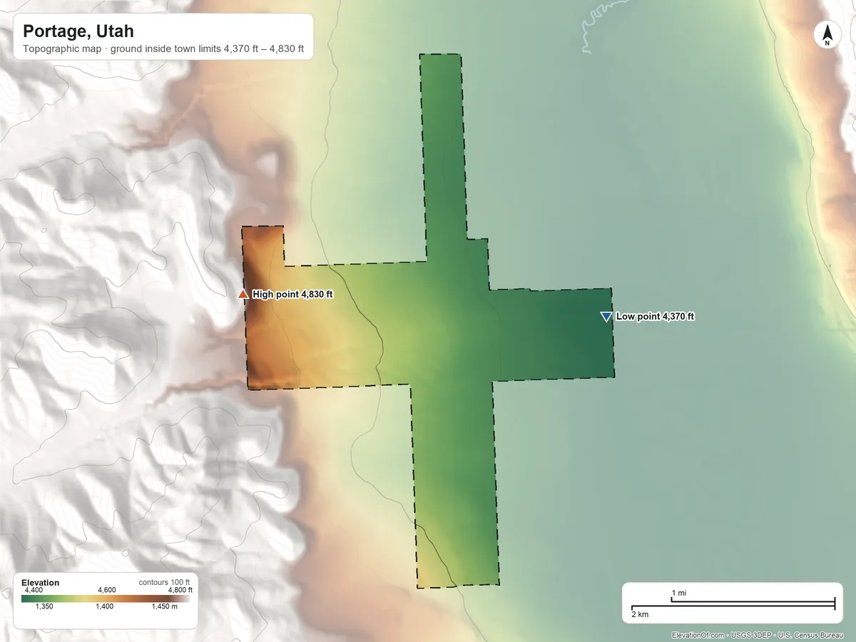 Topographic elevation map of Portage, Utah, shaded from 4,370 ft on the east side to 4,830 ft at the foot of the West Hills