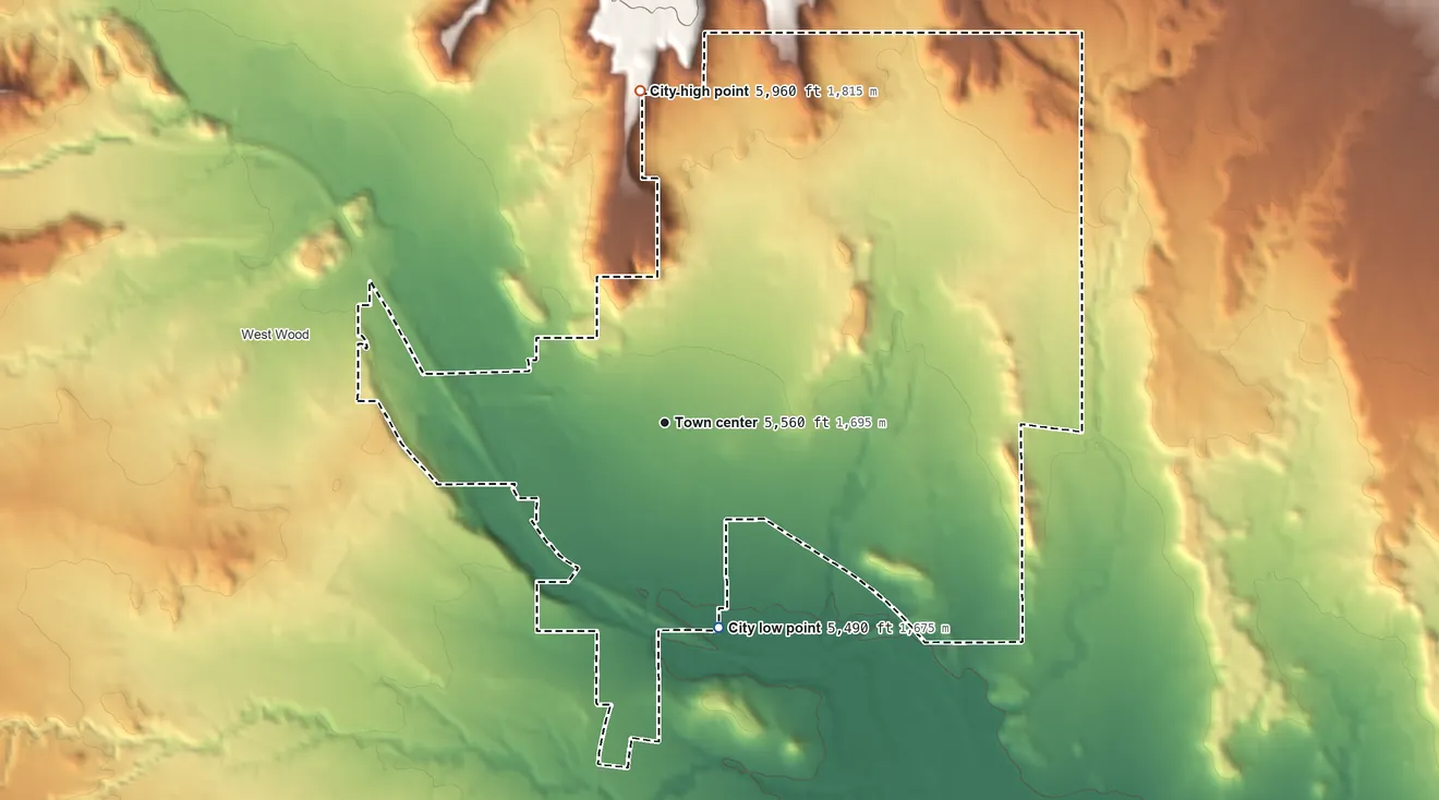 Topographic elevation map of Price, Utah, shaded from 5,490 ft on the south side to 5,960 ft on the north side