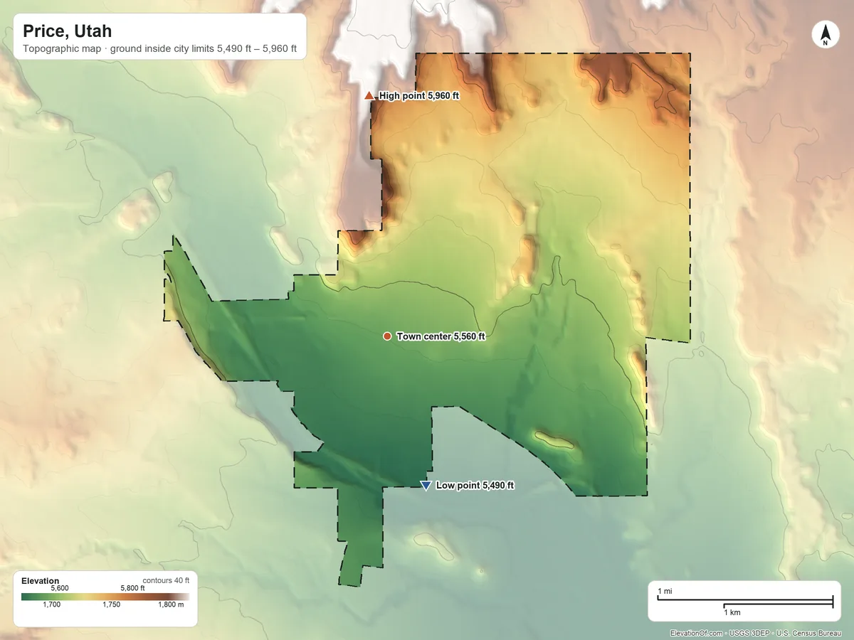 Topographic elevation map of Price, Utah, shaded from 5,490 ft on the south side to 5,960 ft on the north side