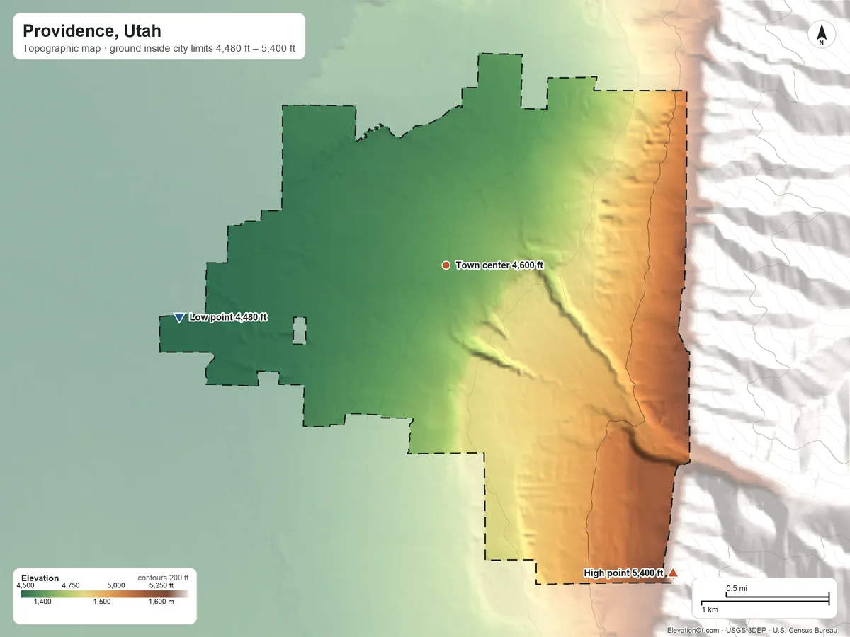 Topographic elevation map of Providence, Utah, shaded from 4,480 ft on the west side to 5,400 ft at the foot of the Mahogany Range