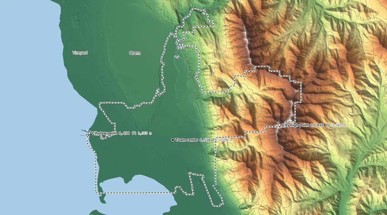 Topographic elevation map of Provo, Utah, shaded from 4,490 ft on the west side to 11,040 ft on Provo Peak