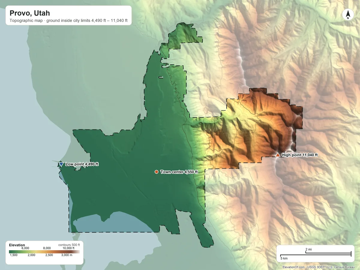 Topographic elevation map of Provo, Utah, shaded from 4,490 ft on the west side to 11,040 ft on Provo Peak