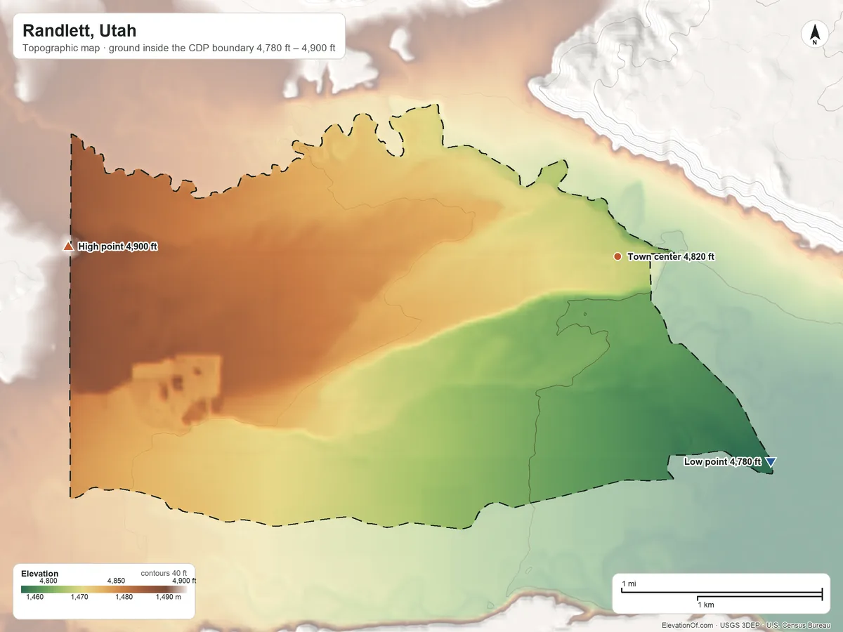 Topographic elevation map of Randlett, Utah, shaded from 4,780 ft on the southeast side to 4,900 ft on the west side