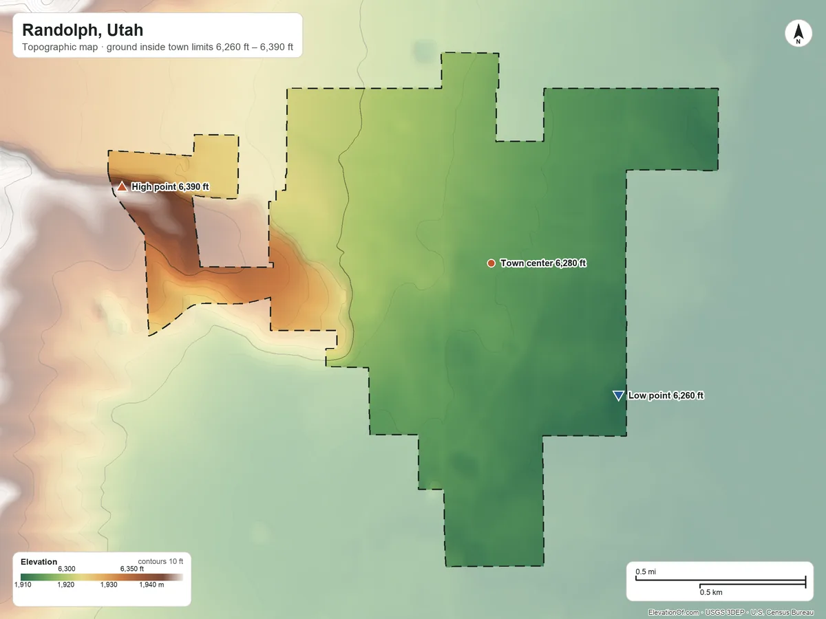 Topographic elevation map of Randolph, Utah, shaded from 6,260 ft on the southeast side to 6,390 ft at the foot of the Crawford Mountains