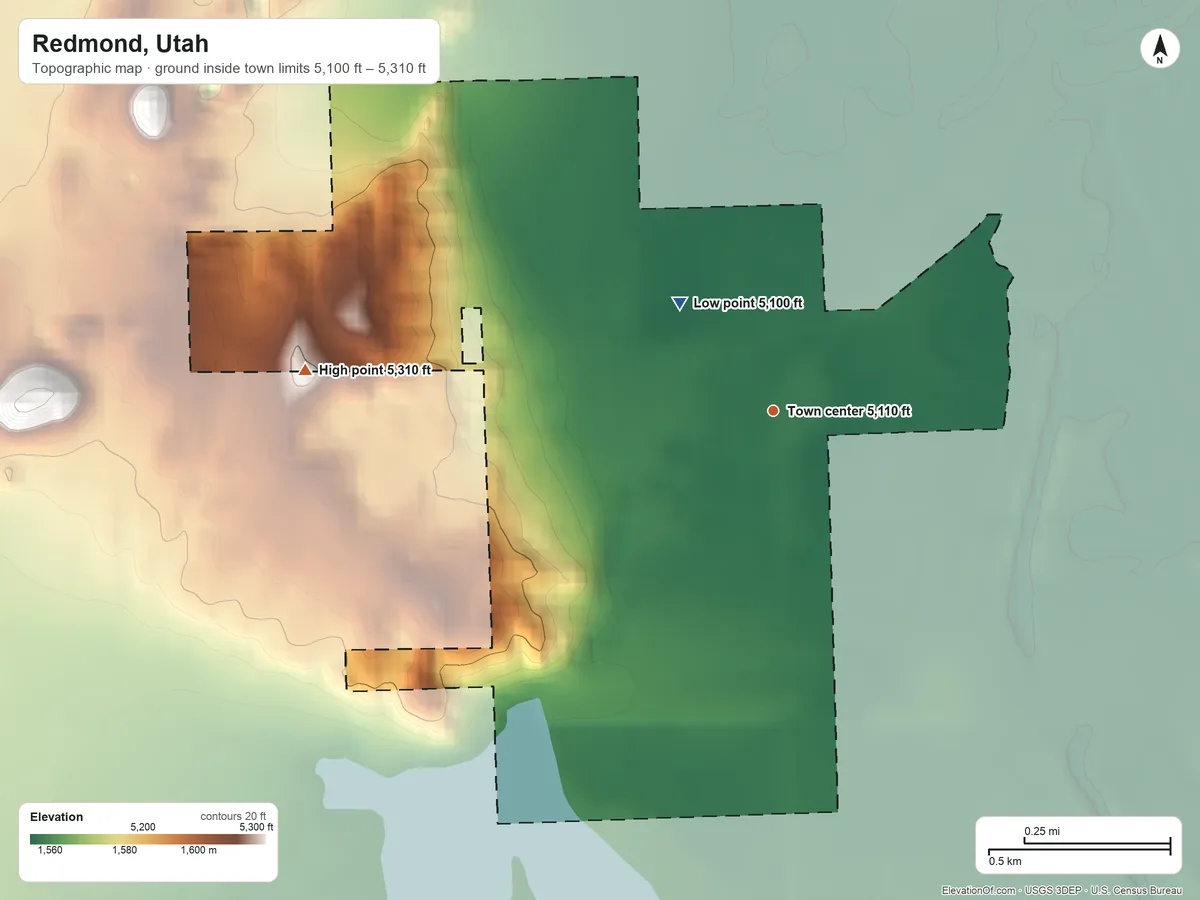 Topographic elevation map of Redmond, Utah, shaded from 5,100 ft on the northwest side to 5,310 ft on the west side