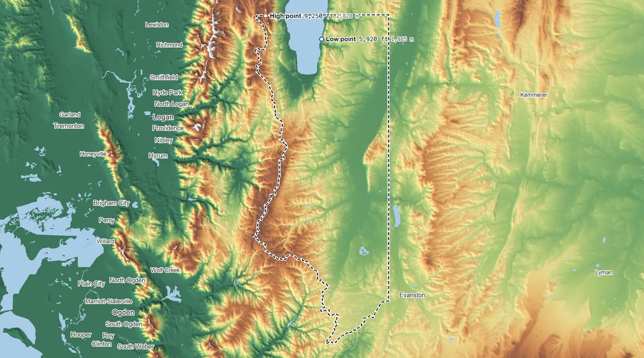 Topographic elevation map of Rich County, Utah, shaded from 5,920 ft on the north side to 9,250 ft on Bridger Peak