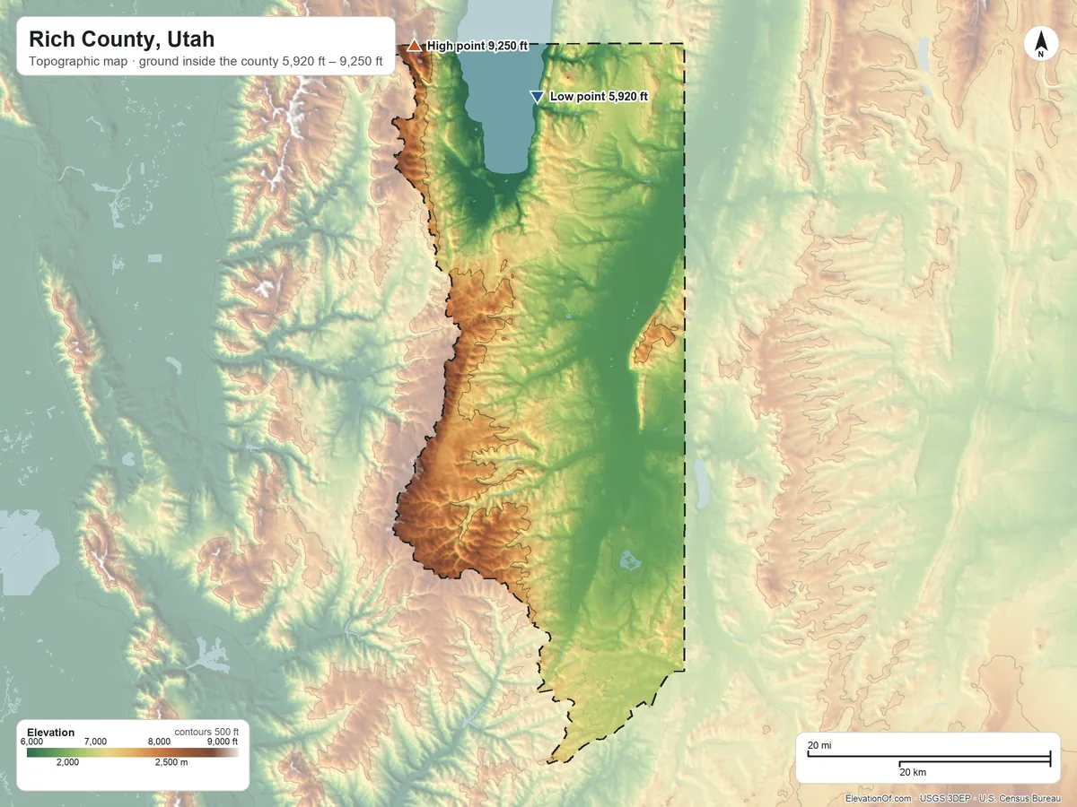 Topographic elevation map of Rich County, Utah, shaded from 5,920 ft on the north side to 9,250 ft on Bridger Peak