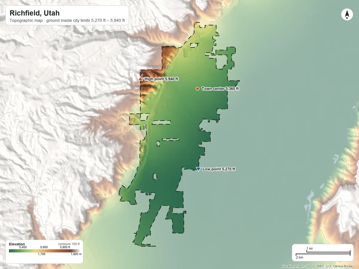 Topographic elevation map of Richfield, Utah, shaded from 5,270 ft on the south side to 5,940 ft at the foot of the Pahvant Range