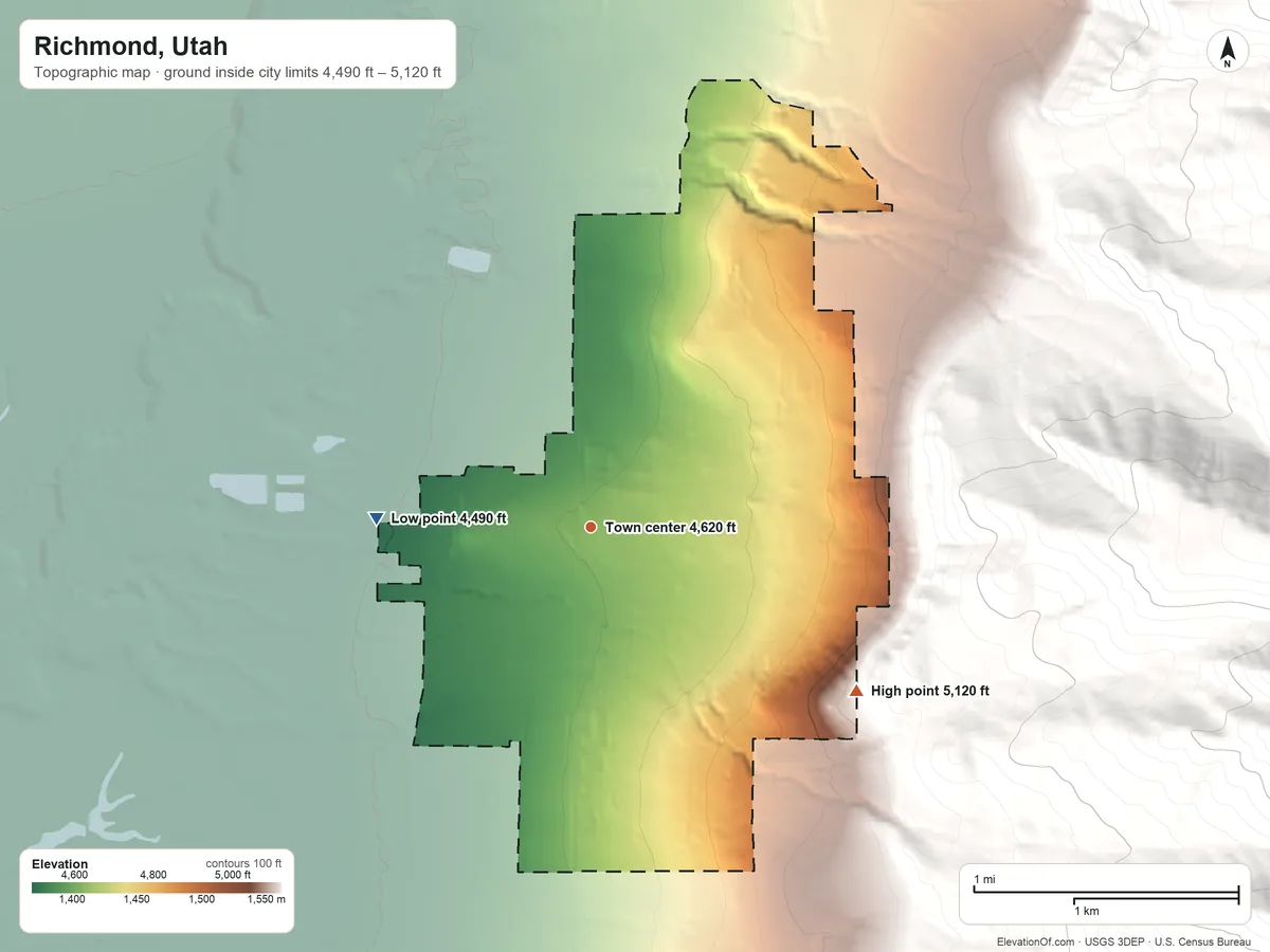Topographic elevation map of Richmond, Utah, shaded from 4,490 ft on the west side to 5,120 ft at the foot of the Bear River Range