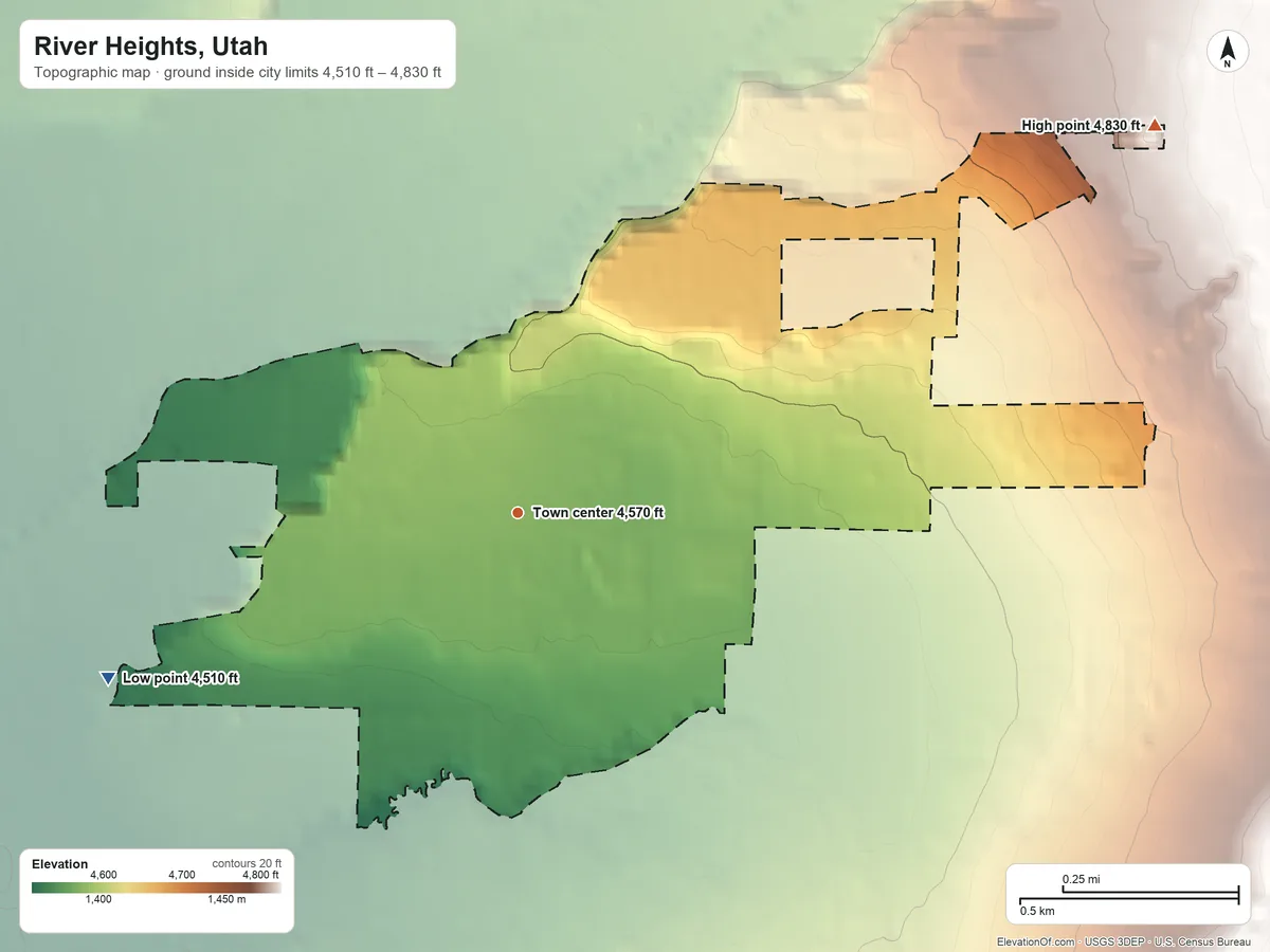 Topographic elevation map of River Heights, Utah, shaded from 4,510 ft on the west side to 4,830 ft at the foot of the Mahogany Range