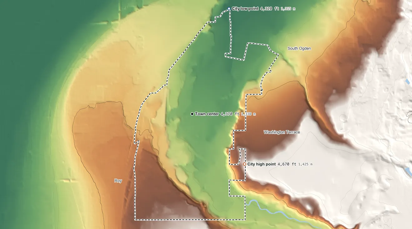 Topographic elevation map of Riverdale, Utah, shaded from 4,320 ft on the north side to 4,670 ft on the southeast side