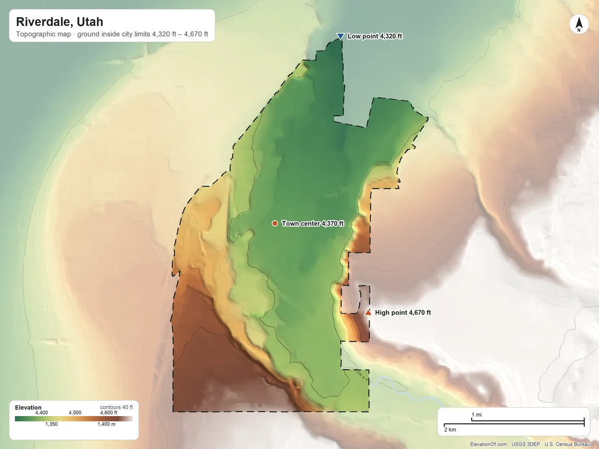 Topographic elevation map of Riverdale, Utah, shaded from 4,320 ft on the north side to 4,670 ft on the southeast side