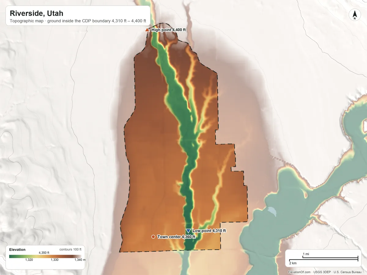 Topographic elevation map of Riverside, Utah, shaded from 4,310 ft on the east side to 4,400 ft on the north side