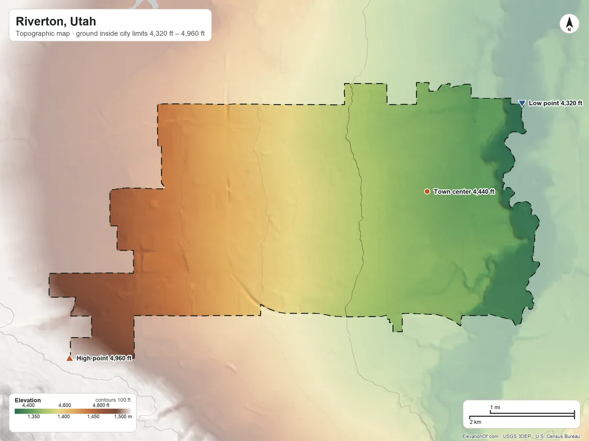 Topographic elevation map of Riverton, Utah, shaded from 4,320 ft on the northeast side to 4,960 ft at the foot of the Traverse Mountains