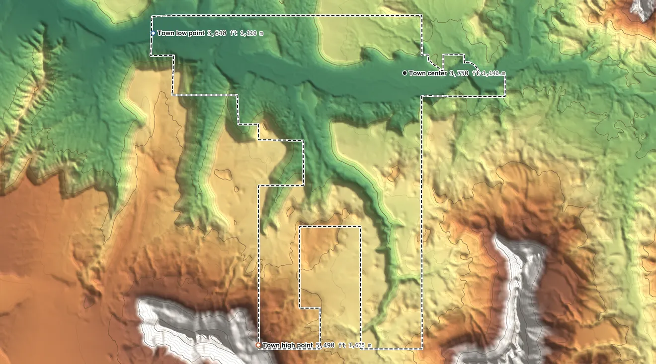 Topographic elevation map of Rockville, Utah, shaded from 3,640 ft on the west side to 5,490 ft on the southwest edge, below higher ground just outside