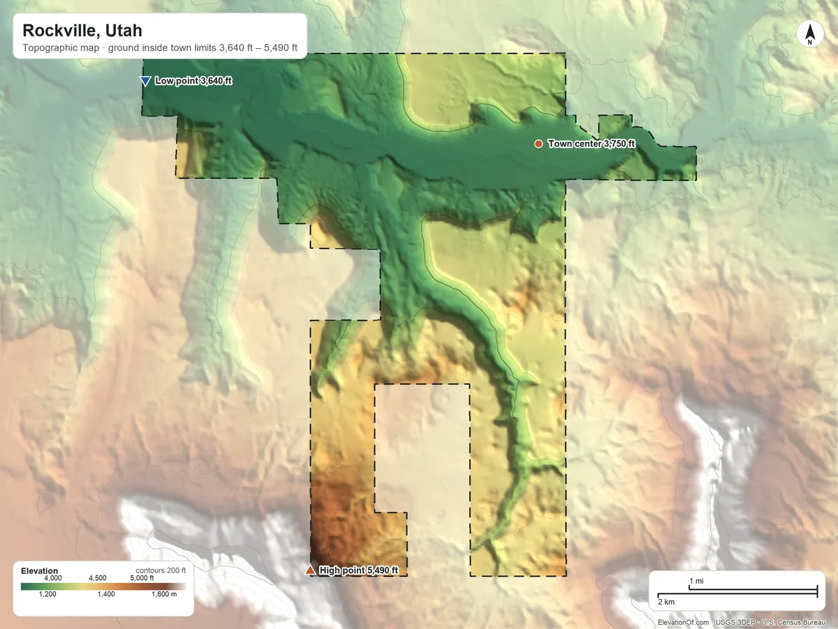 Topographic elevation map of Rockville, Utah, shaded from 3,640 ft on the west side to 5,490 ft on the southwest edge, below higher ground just outside