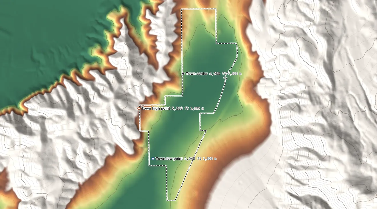 Topographic elevation map of Rocky Ridge, Utah, shaded from 4,940 ft on the south side to 5,230 ft at the foot of the Wasatch Range