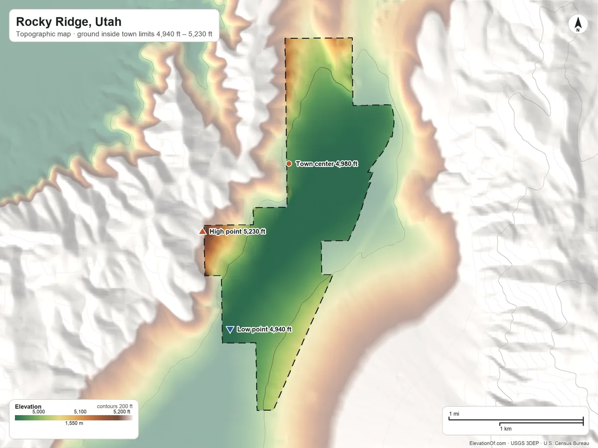 Topographic elevation map of Rocky Ridge, Utah, shaded from 4,940 ft on the south side to 5,230 ft at the foot of the Wasatch Range