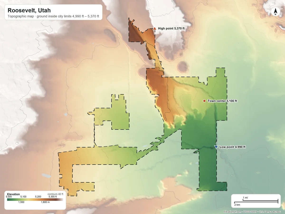 Topographic elevation map of Roosevelt, Utah, shaded from 4,990 ft on the south side to 5,370 ft on the northwest side