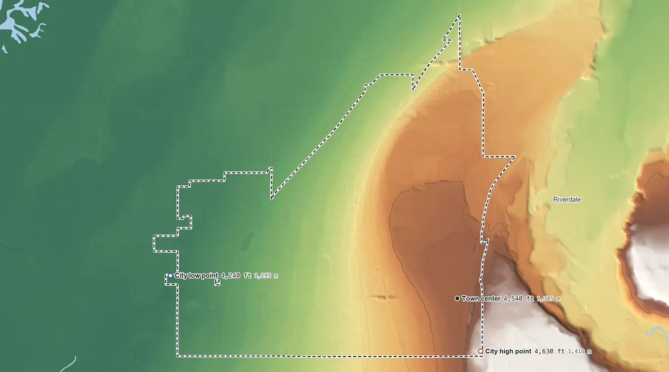 Topographic elevation map of Roy, Utah, shaded from 4,240 ft on the west side to 4,630 ft on the southeast side