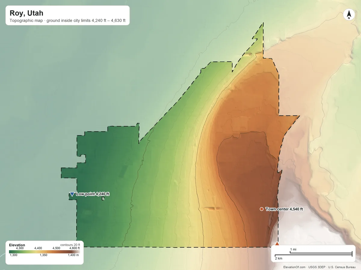 Topographic elevation map of Roy, Utah, shaded from 4,240 ft on the west side to 4,630 ft on the southeast side