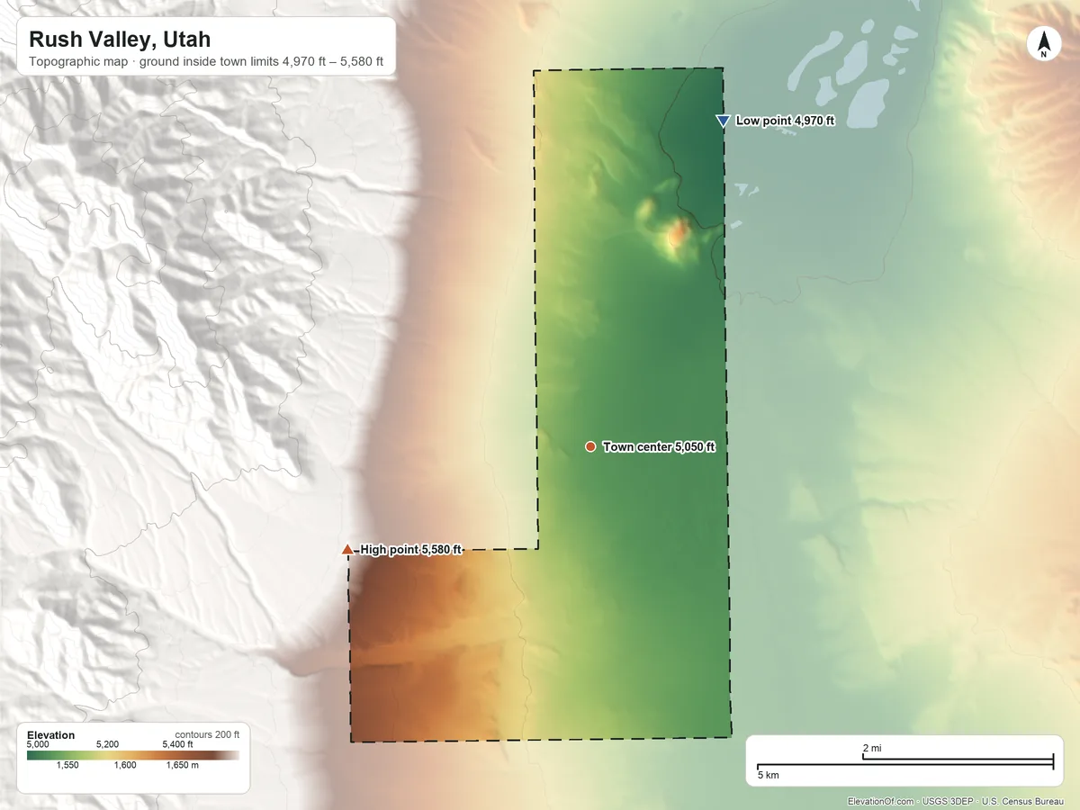 Topographic elevation map of Rush Valley, Utah, shaded from 4,970 ft on the north side to 5,580 ft at the foot of the Onaqui Mountains